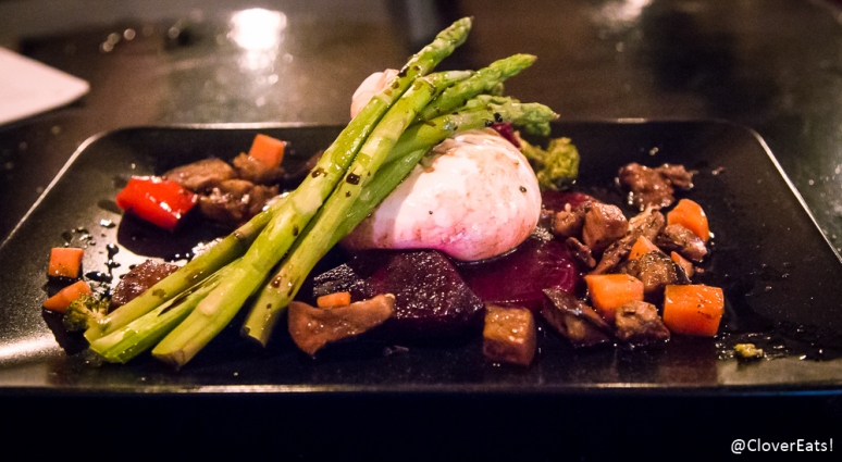 Burrata with house pickled vegetables and beet puree